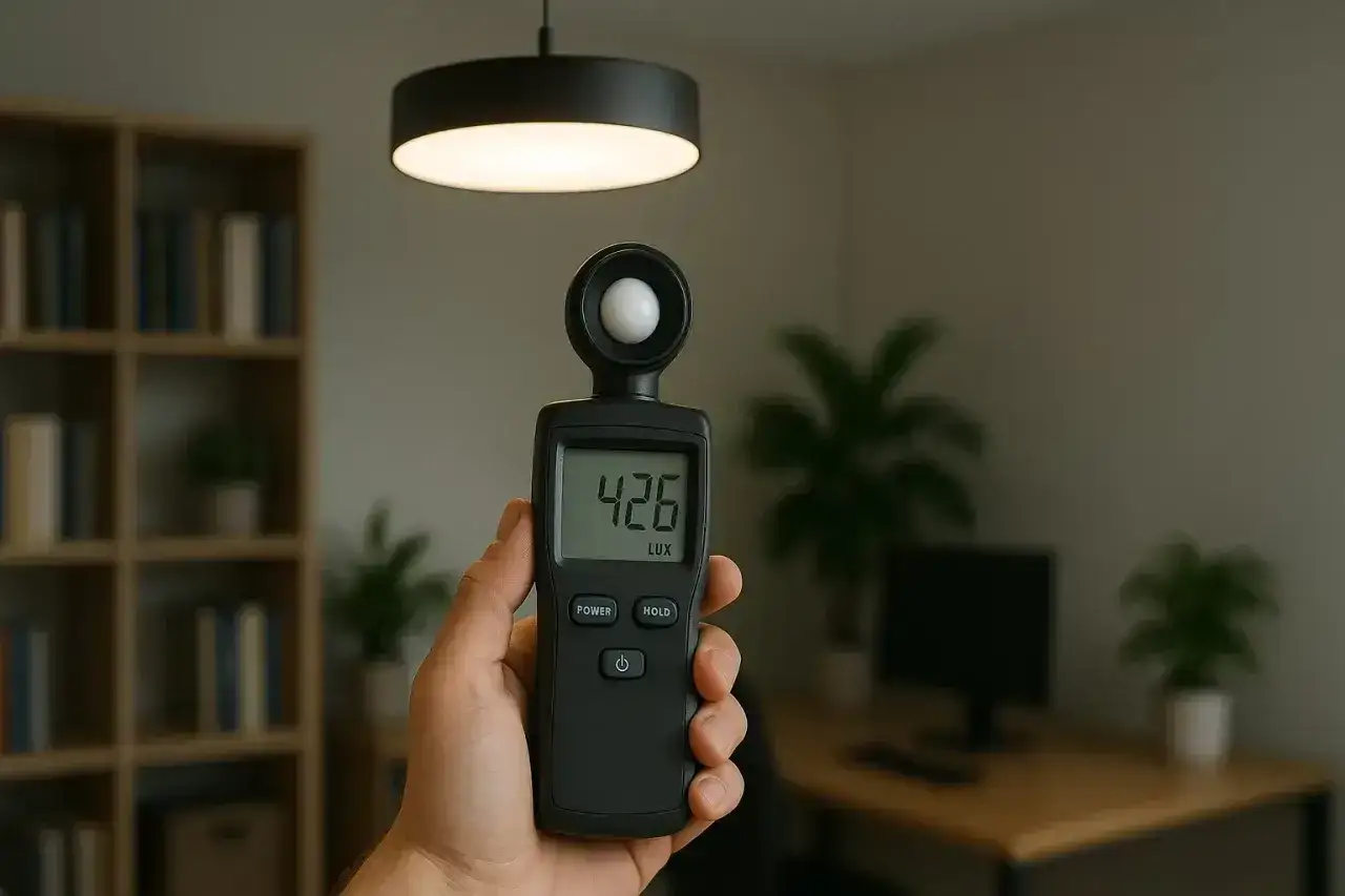 Ręka trzyma luksomierz pokazujący 426 luxów, mierząc oświetlenie pod lampą w domowym biurze.