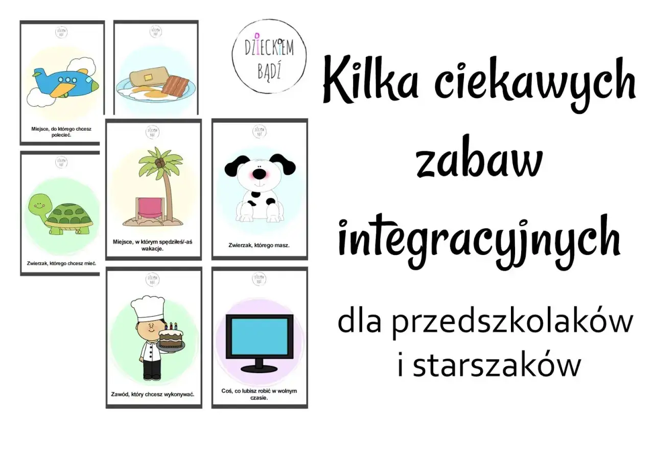 Karty z propozycjami zabaw integracyjnych: samolot, śniadanie, żółw, plaża, piesek, kucharz, telewizor.