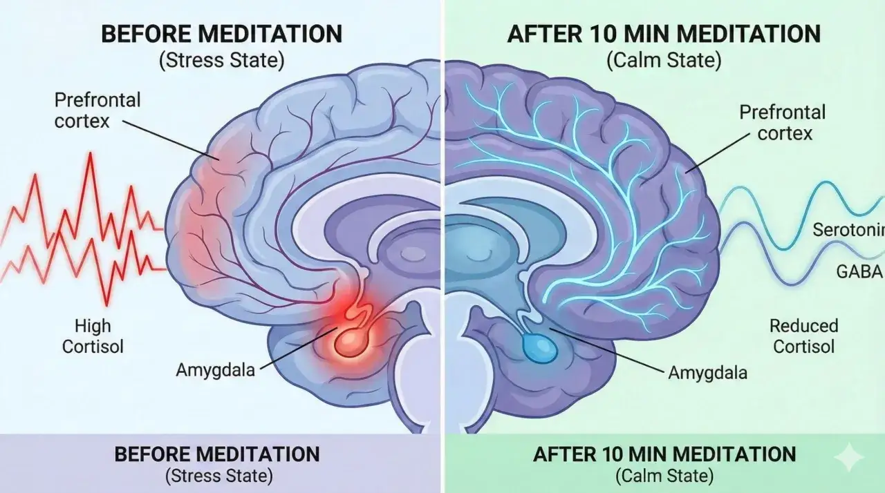 Hj&auml;rnan f&ouml;re och efter meditation. Forskning visar att sa ta na ma meditation minskar stresshormoner och &ouml;kar lugn.