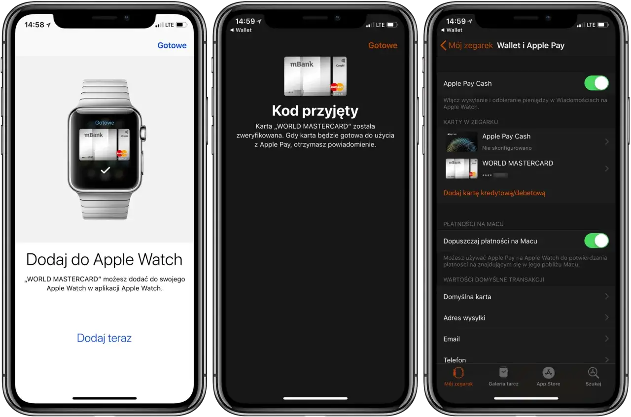 Ekran dodawania karty do Apple Watch. Dowiedz się, jak usunąć kartę z Apple Pay, zarządzając płatnościami w aplikacji Wallet.