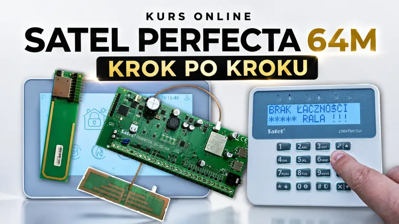 Kurs online: Satel Perfecta instrukcja programowania krok po kroku. Widoczne elementy centrali alarmowej i klawiatury.
