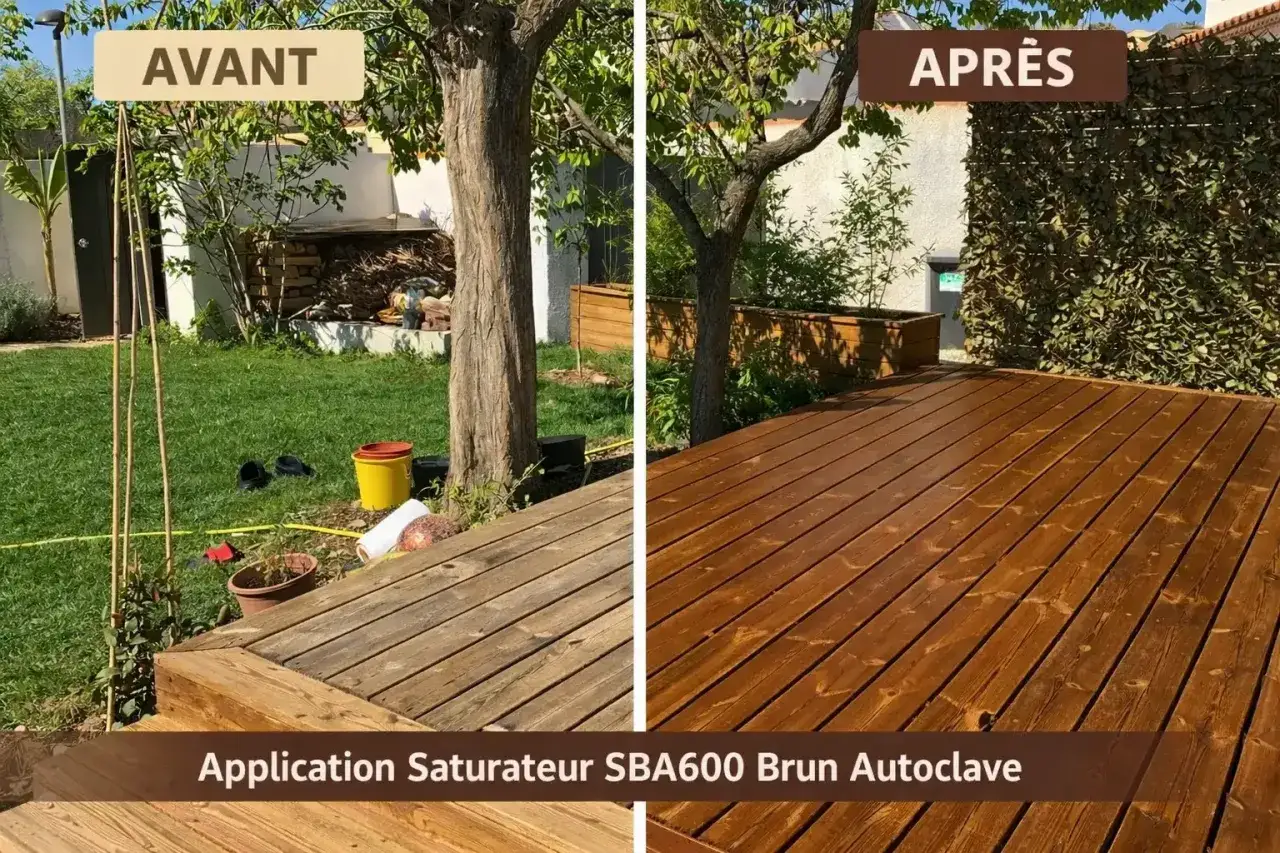 Avant/Après : un bois autoclave vieilli transformé par un saturateur brun. L'entretien a redonné vie à la terrasse.