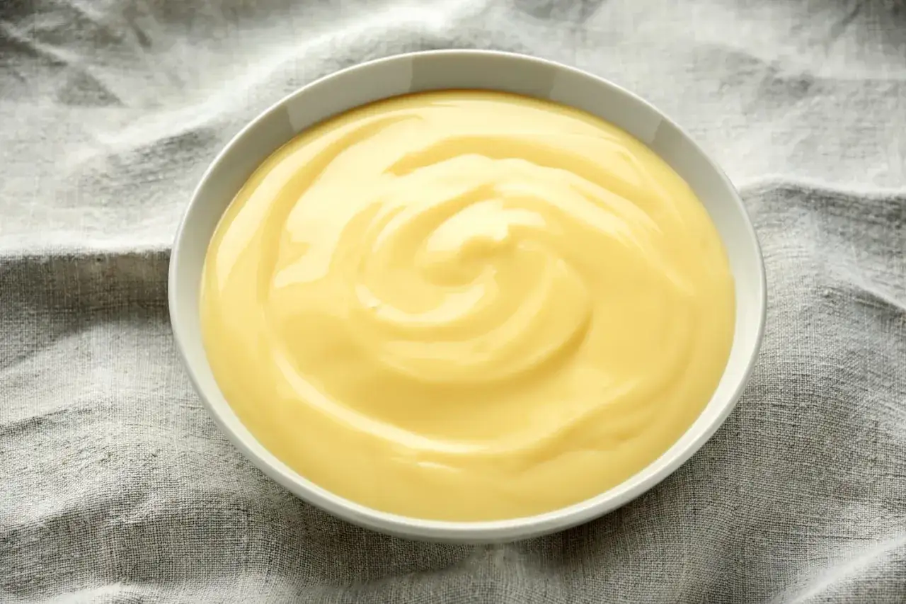 Crème pâtissière onctueuse, comme celle de Cyril Lignac, dans un bol sur un tissu gris.