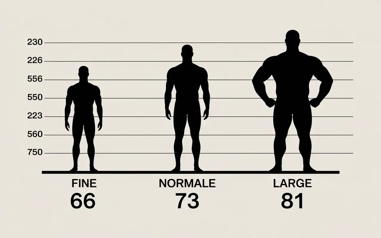 Silhouettes d'hommes de différentes corpulences. Pour 1m80, quel poid ? Fine (66kg), Normale (73kg), Large (81kg).