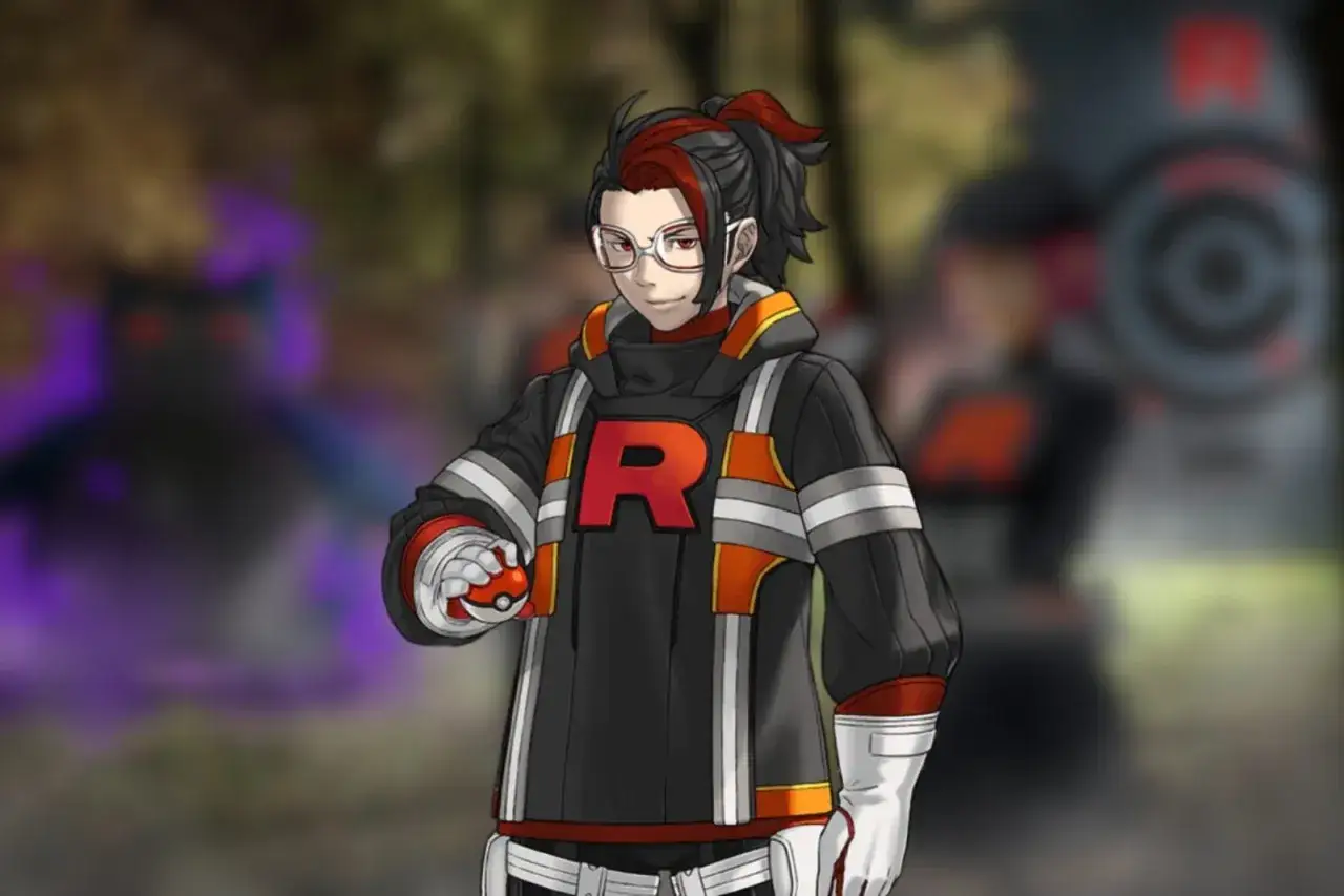 El líder Arlo de Pokémon GO, con su icónica chaqueta negra y roja, sostiene una Poké Ball.