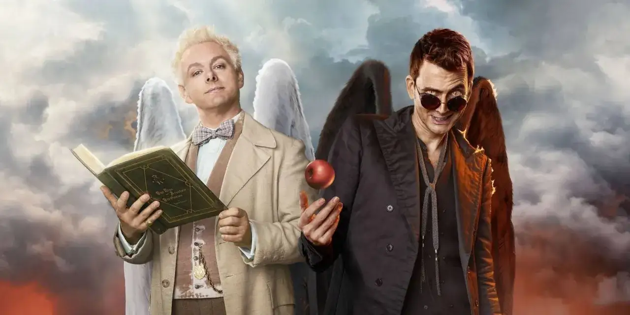 Aziraphale et Crowley, anges et d&eacute;mons, semblent pr&ecirc;ts &agrave; affronter le confinement de Good Omens, l'un avec un livre, l'autre avec une pomme.