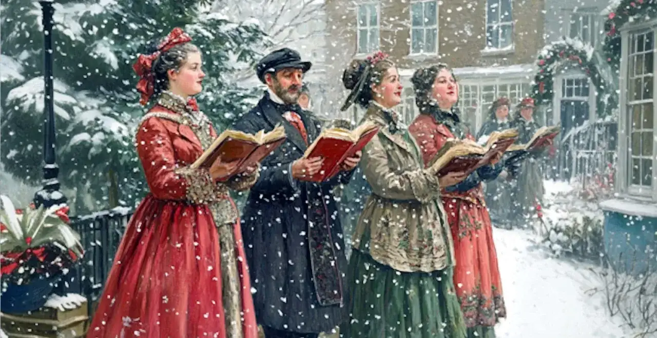 Coro navide&ntilde;o cantando villancicos en ingl&eacute;s famosos bajo la nieve, con vestimenta de &eacute;poca y libros en mano.
