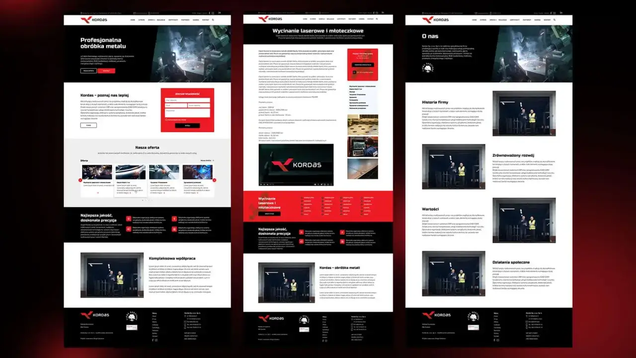 Strona internetowa firmy Kordas prezentuje ofertę obróbki metali. To przykład, co to jest interfejs użytkownika, który ułatwia nawigację i zapoznanie się z usługami.