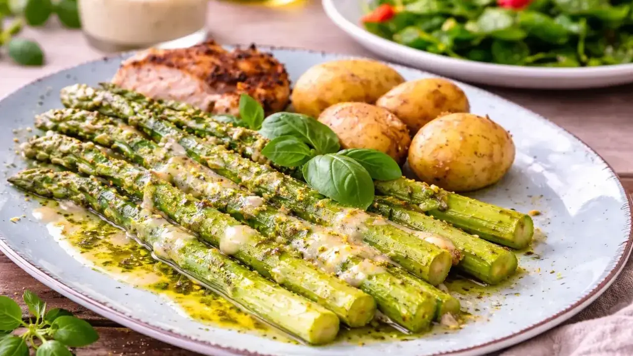 Ein Teller mit Spargel, Kartoffeln und Fleisch. K&ouml;stliche Spargel Rezepte wie dieses sind perfekt f&uuml;r den Fr&uuml;hling.