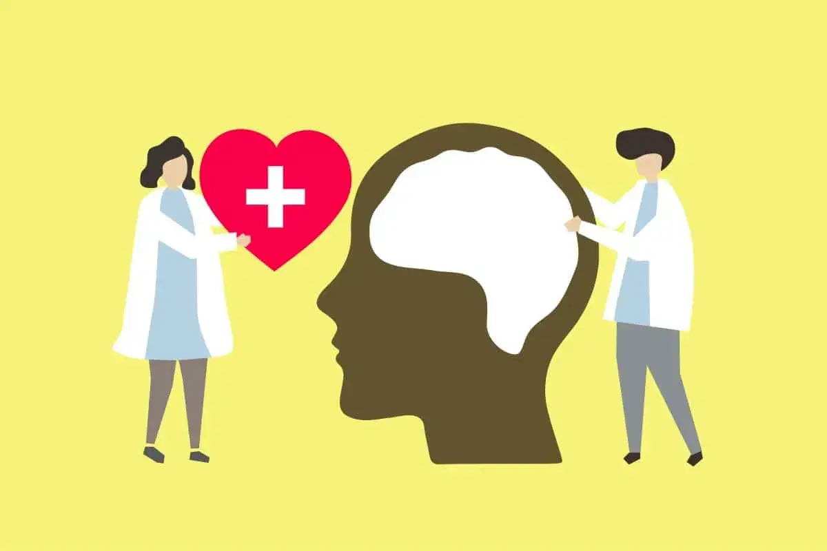 Lekarze dbają o zdrowie psychiczne. Czy do neurologa potrzebne jest skierowanie? Ilustracja pokazuje troskę o mózg i serce.