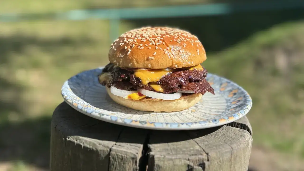 En saftig dubbel hamburgare med ost, lök och sesamfrön på en tallrik. Perfekt för ett somrigt hamburgare recept.
