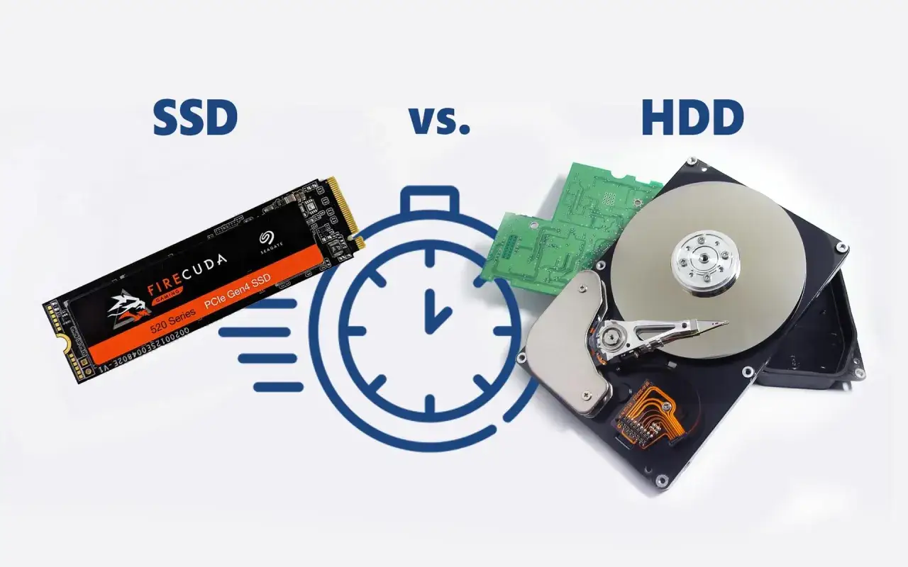 Comparaison entre un disque dur externe SSD rapide et un disque dur HDD plus ancien, avec une horloge symbolisant la vitesse.