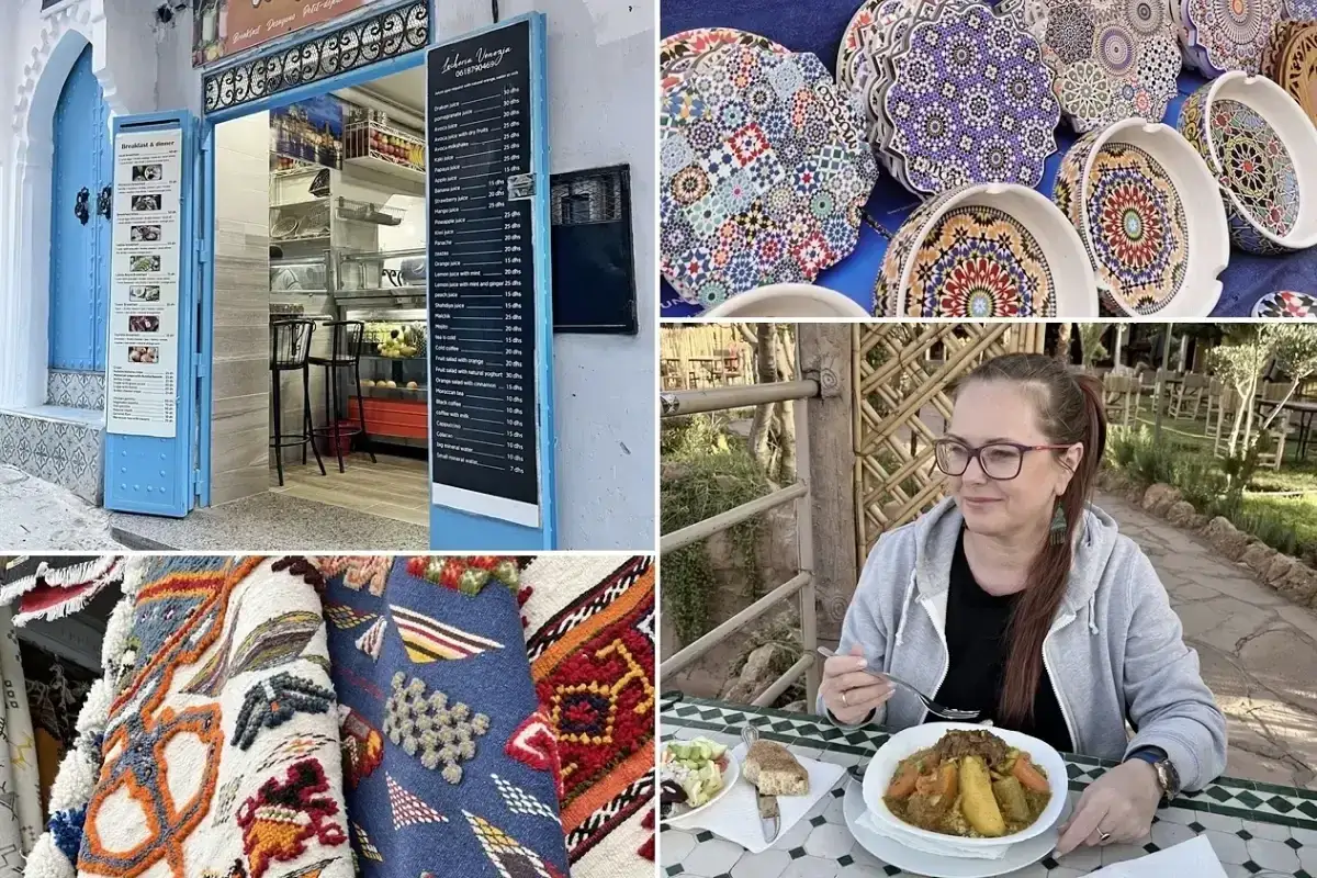 Menu z cenami w Maroko, kolorowe talerze, dywany i kobieta jedząca tadżin.