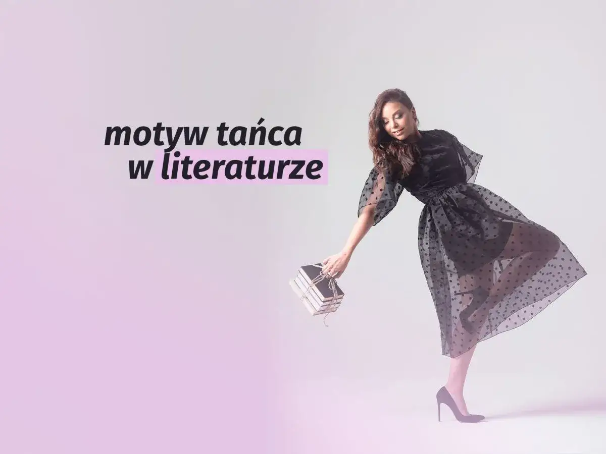Kobieta w czarnej, zwiewnej sukience z kropkami, trzymająca książki, w pozie sugerującej motyw tańca w literaturze.