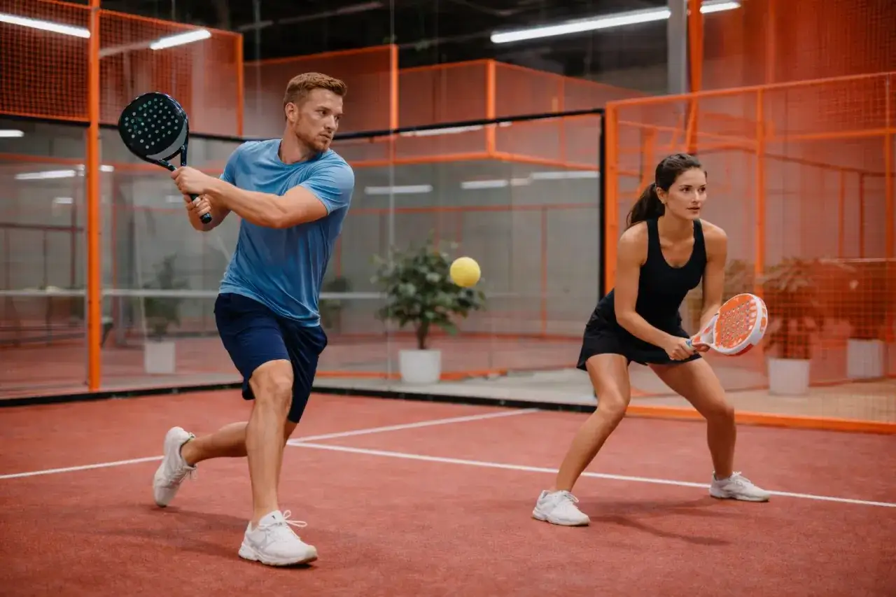 Coppia in allenamento intensivo durante una **padel clinic**. Lui colpisce la palla, lei in posizione di attesa.