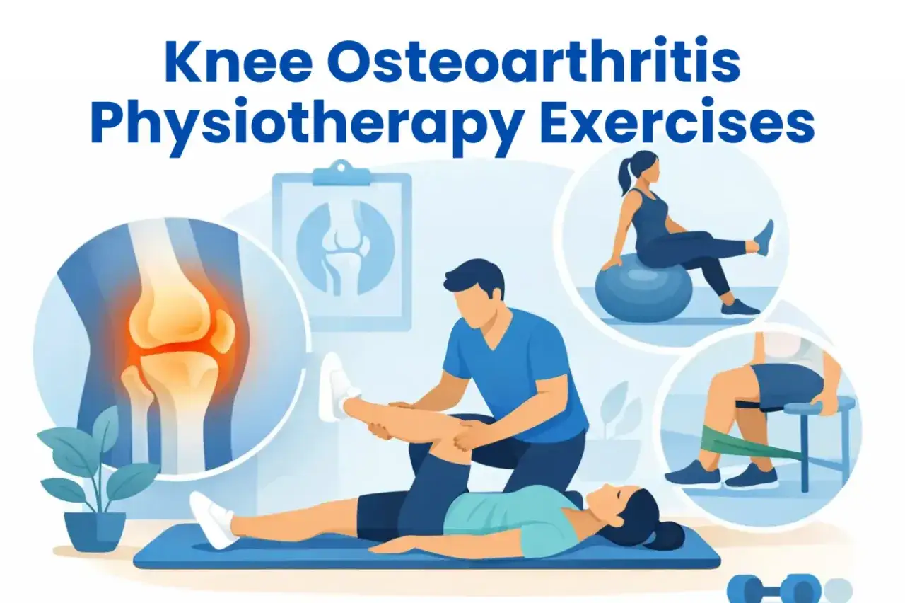 Physiotherapie-&Uuml;bungen f&uuml;r Kniearthrose: Eine echte Wunderwaffe gegen Arthrose im Knie. Illustration zeigt &Uuml;bungen mit Therapeuten und Hilfsmitteln.