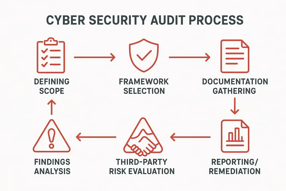 Schéma du processus d'audit de sécurité informatique : définition du périmètre, sélection du cadre, collecte de documents, évaluation des risques tiers, analyse des conclusions et rapport/remédiation.