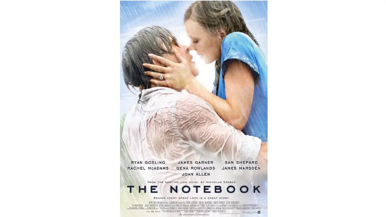 Para zakochanych, Ryan Gosling i Rachel McAdams, całuje się w deszczu. Są tak blisko, że dzieli ich zaledwie trzy kroki od siebie.