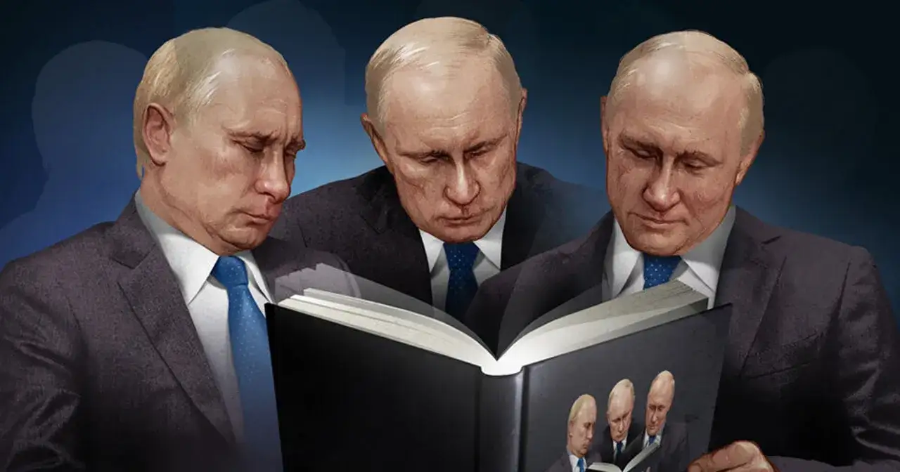 Trzy podobne do siebie postacie czytają książkę o Putinie, na której okładce również widnieją ich podobizny.
