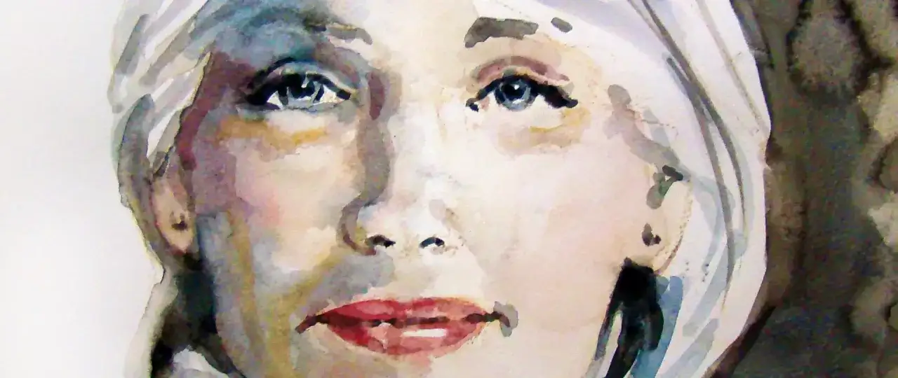 Aquarellporträt einer Frau mit blauen Augen und roten Lippen. Die Künstlerin hat die **Hautfarbe mischen** meisterhaft eingesetzt, um Tiefe und Leben zu erzeugen.