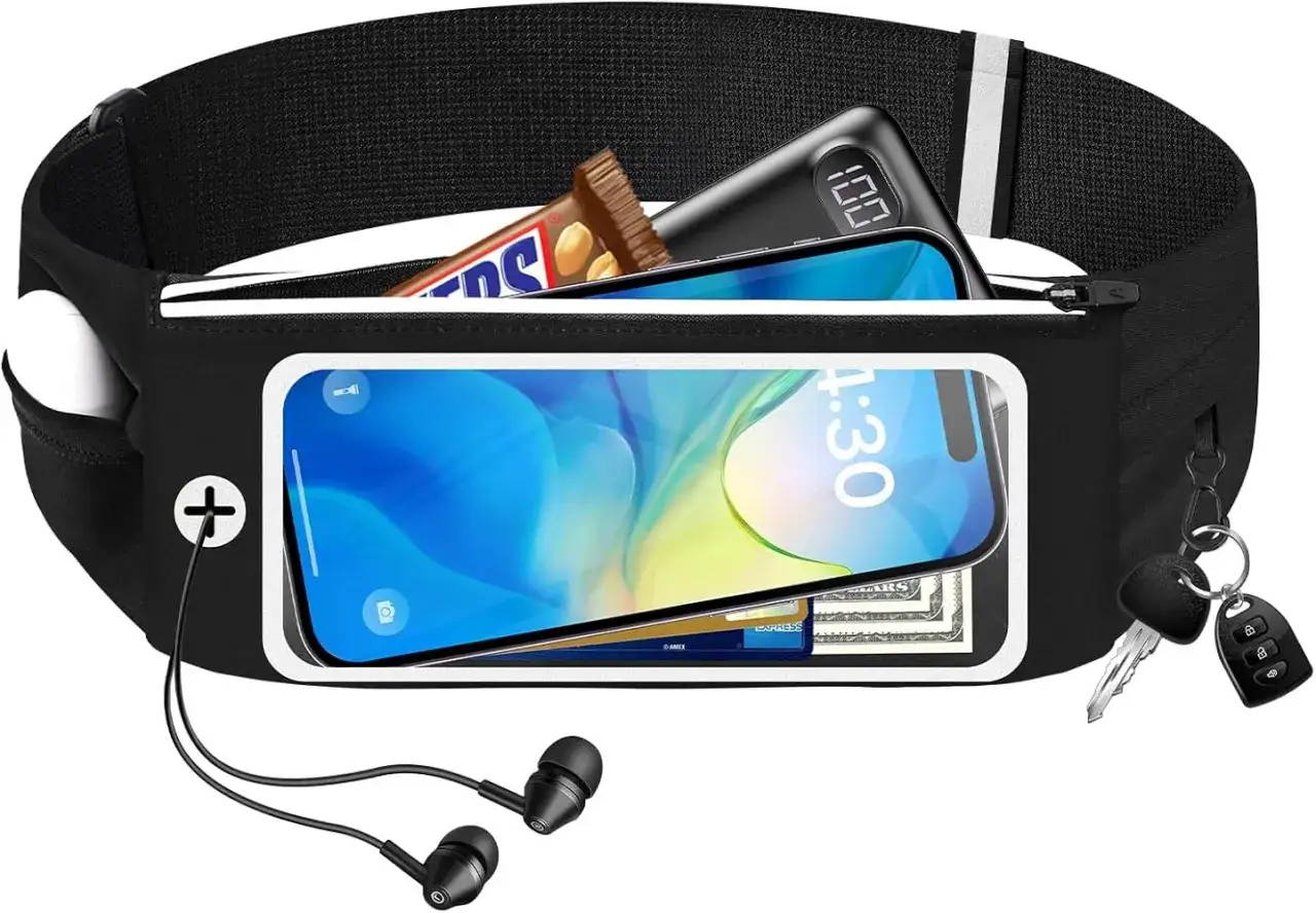 Marsupio sportivo nero con tasca trasparente per telefono, ideale per capire dove mettere il telefono quando si corre. Contiene anche chiavi, soldi e snack.