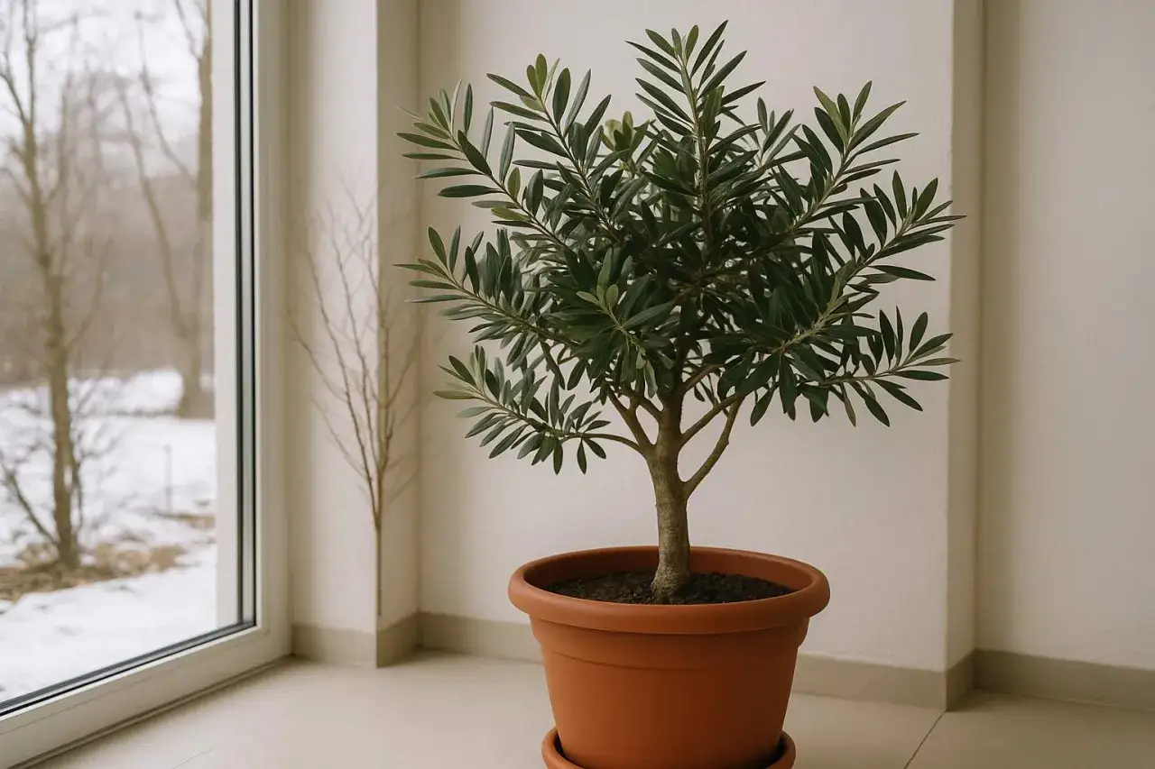 Kleiner Olivenbaum im Topf, bereit für die Olivenbaum Pflege. Im Hintergrund ein Fenster mit Blick auf eine verschneite Landschaft.