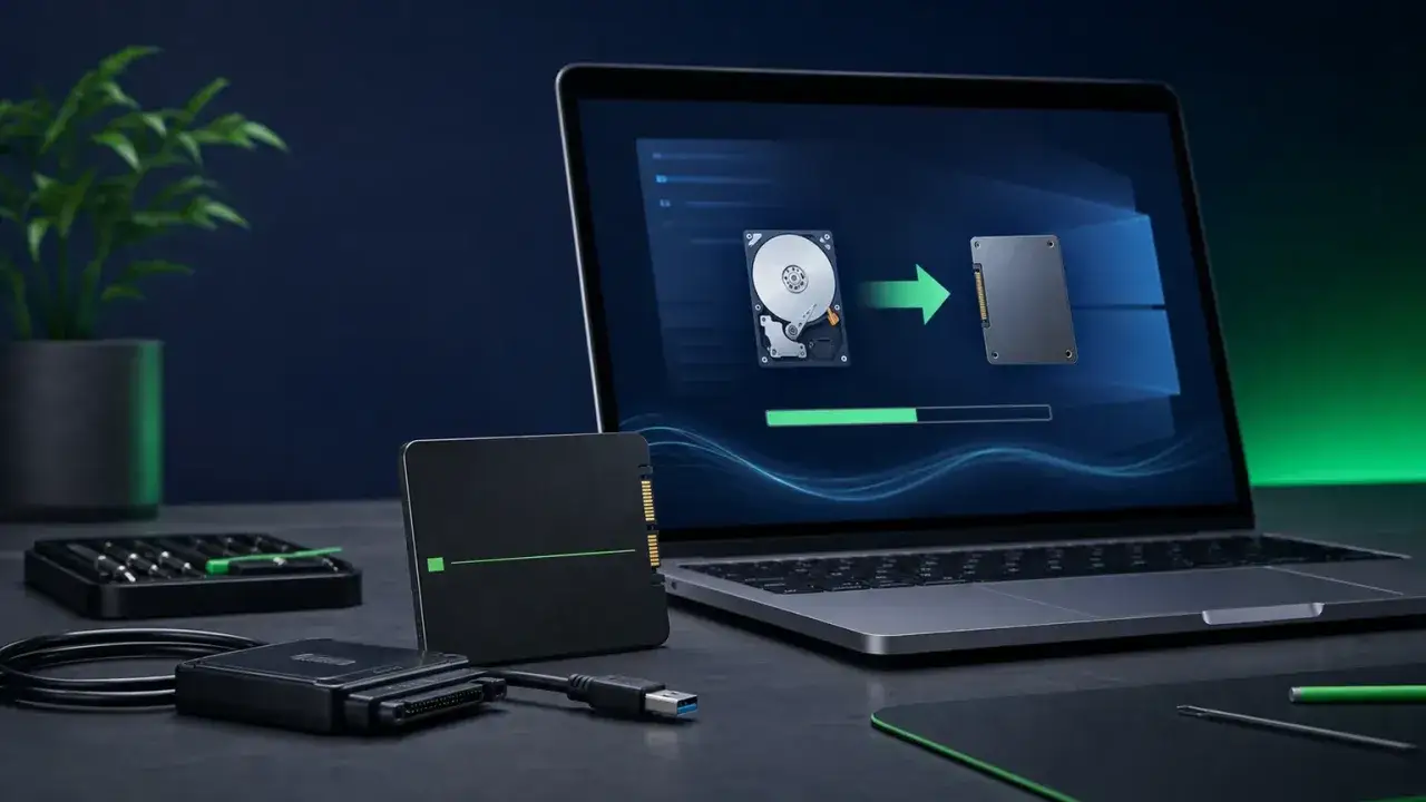 Proces klonowania dysku HDD na SSD. Laptop pokazuje migrację danych, obok nowy dysk SSD i adapter.