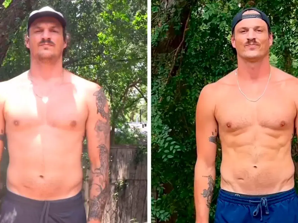 Hombre con tatuajes muestra su transformación física. Antes y después de correr, luce más tonificado.