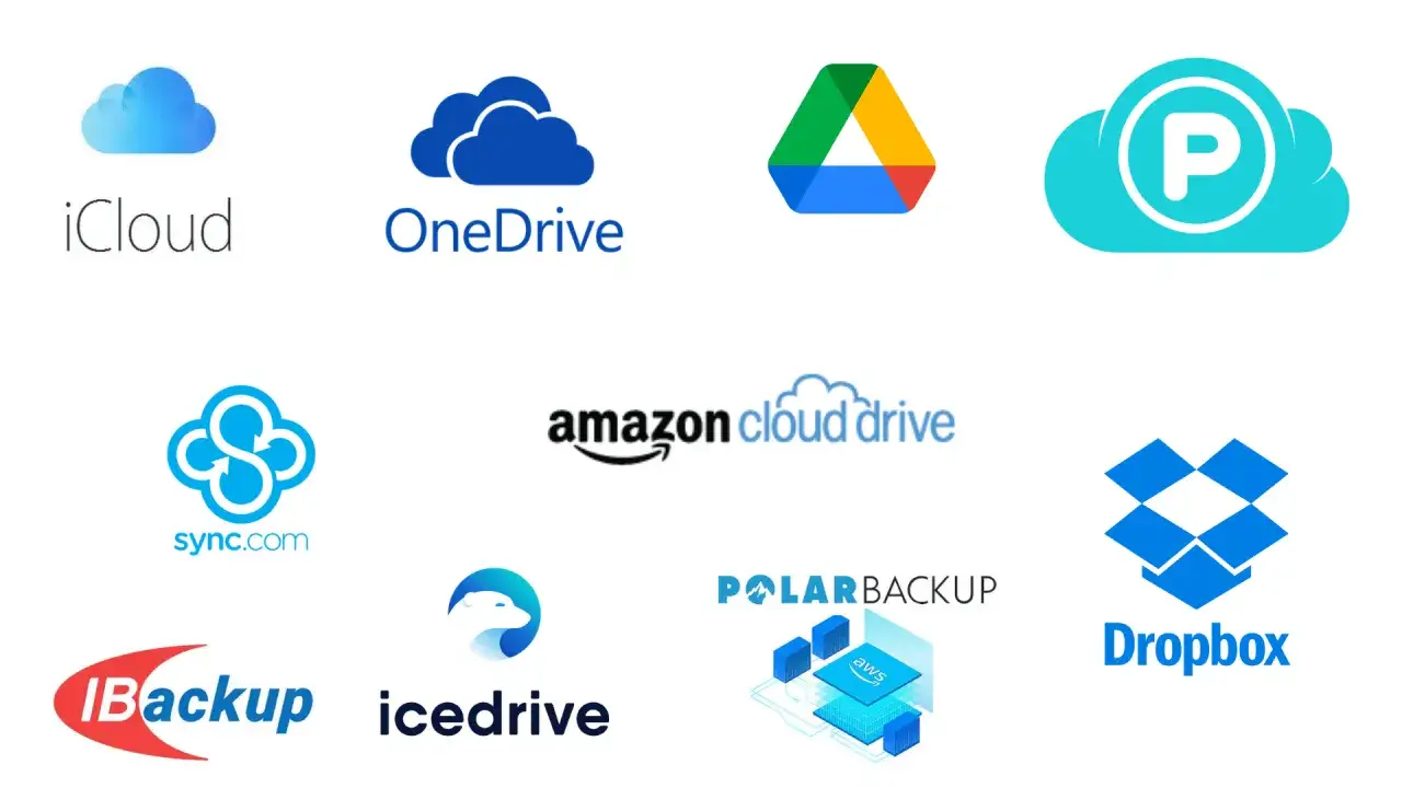 Logotyper f&ouml;r molntj&auml;nster som iCloud, OneDrive, Google Drive, PCloud, Sync.com, Amazon Cloud Drive, IBackup, Icedrive, Polarbackup, Dropbox. Perfekt f&ouml;r att spara bilder i molnet.