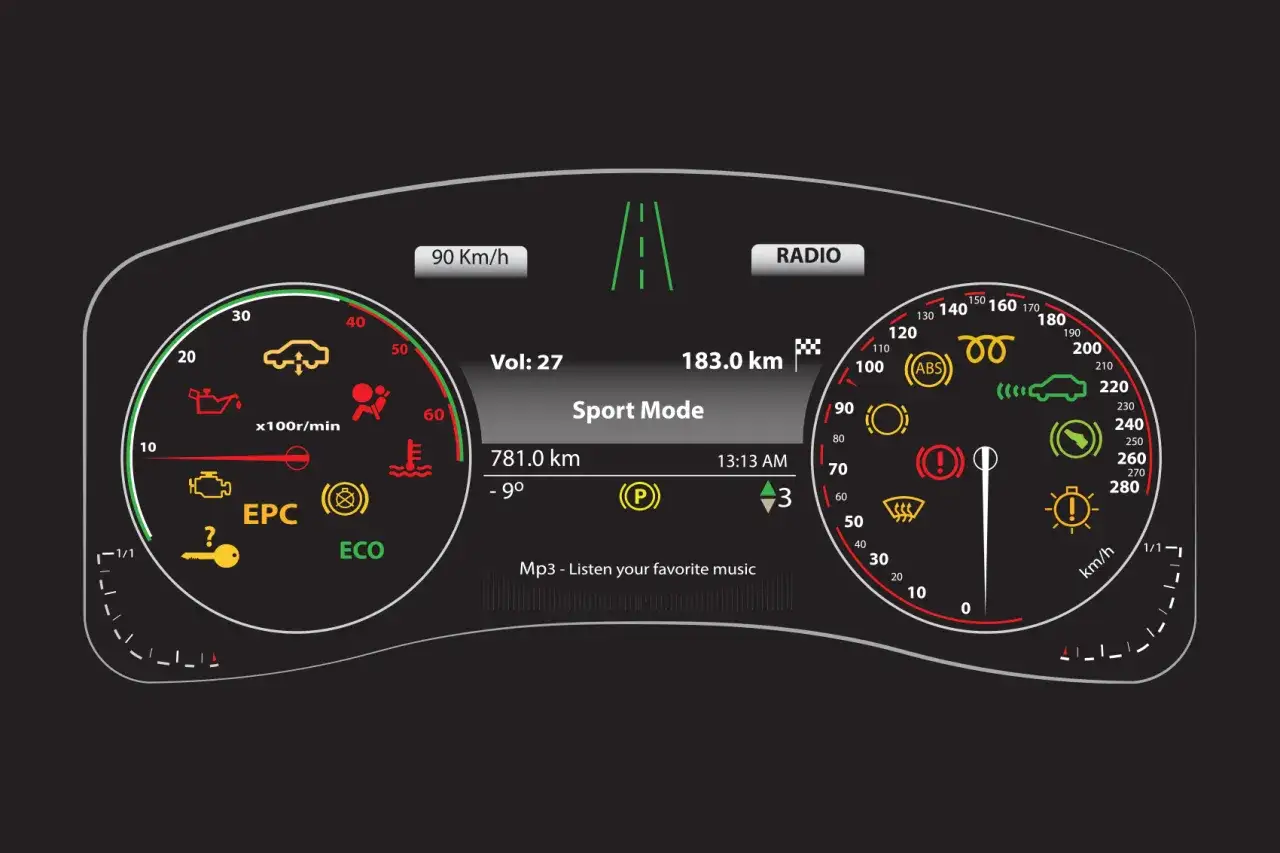 Tableau de bord de voiture affichant la vitesse, le mode Sport, la radio et divers voyants, y compris les feux de position.