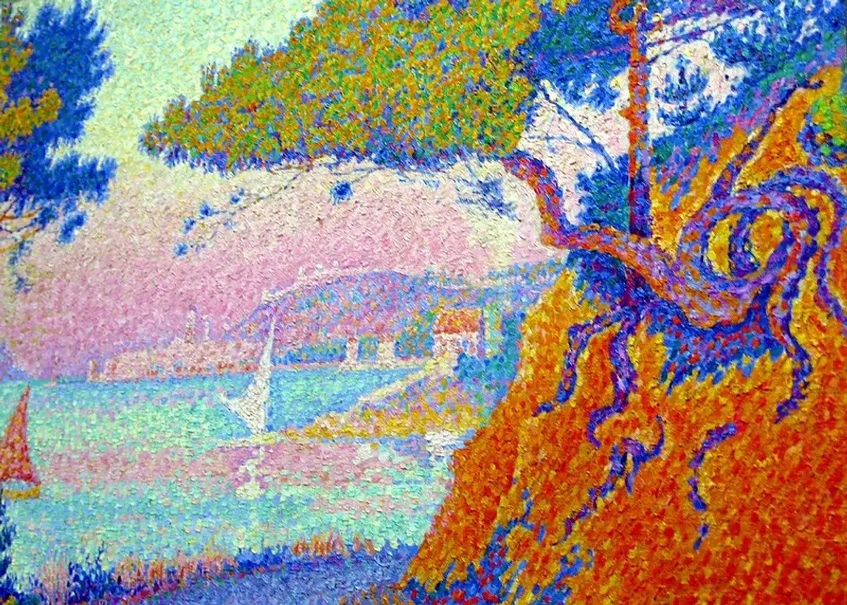 A vibrant landscape painting in the style of pointillism artists, featuring a tree with swirling branches against a pink sky and a blue sea with sailboats.