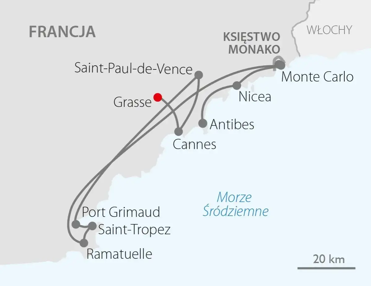 Mapa pokazuje Lazurowe Wybrzeże Francji, gdzie jest Monako, z miastami jak Nicea, Cannes i Saint-Tropez.