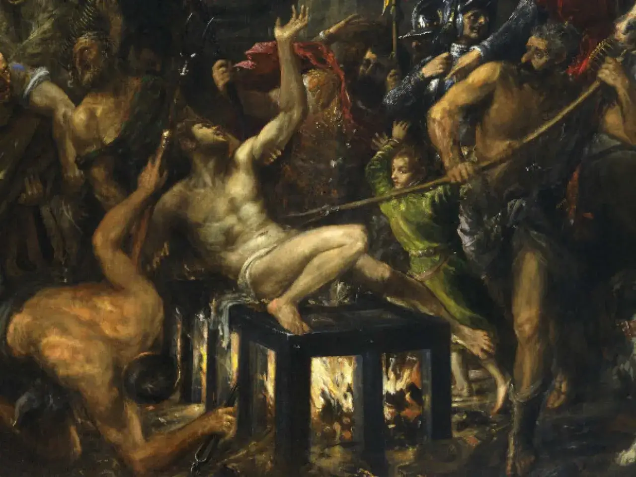 El martirio de Lorenzo de Roma, con su cuerpo expuesto al fuego mientras una multitud lo observa.