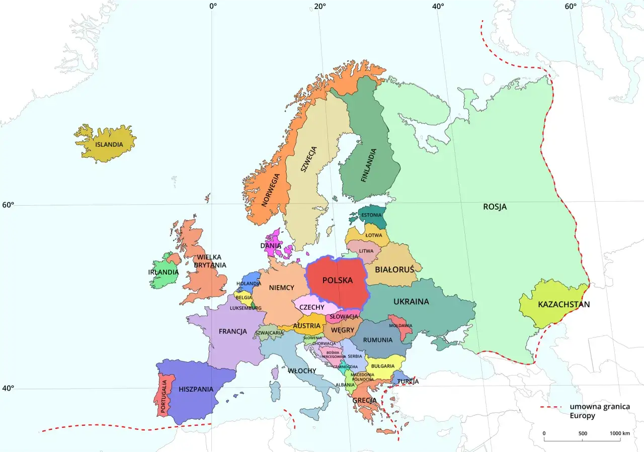 Mapa Europy. Z kim graniczy Polska na wschodzie? Z Białorusią i Ukrainą. Dalej na wschód rozciąga się Rosja.