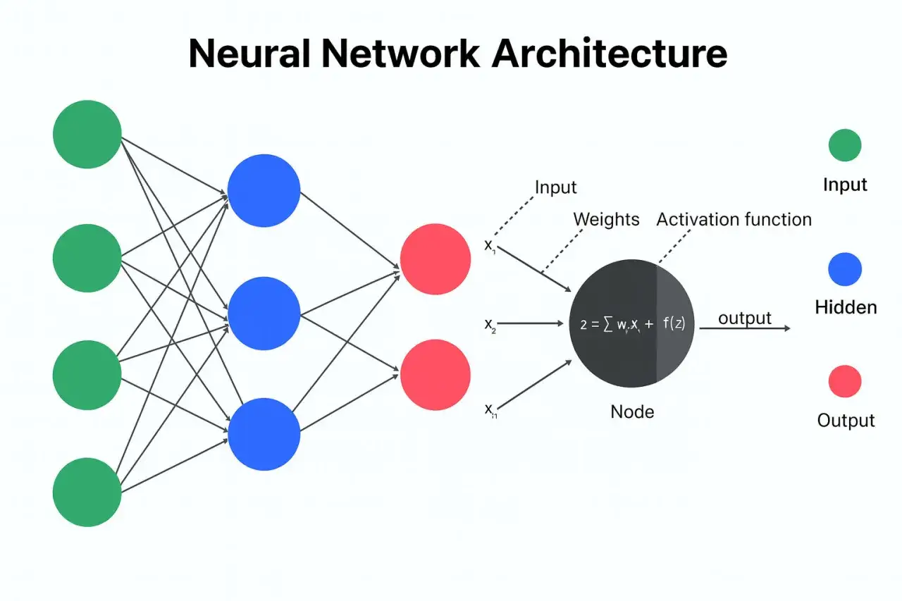Schemat sieci neuronowej, kluczowy element w dziedzinie deep learning. Warstwy wejściowe (zielone), ukryte (niebieskie) i wyjściowe (czerwone) łączą się, tworząc złożoną architekturę.