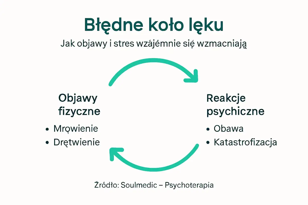 Błędne koło lęku: objawy fizyczne (mrowienie, drętwienie) i reakcje psychiczne (obawa, katastrofizacja) wzajemnie się napędzają, tworząc błędne koło.