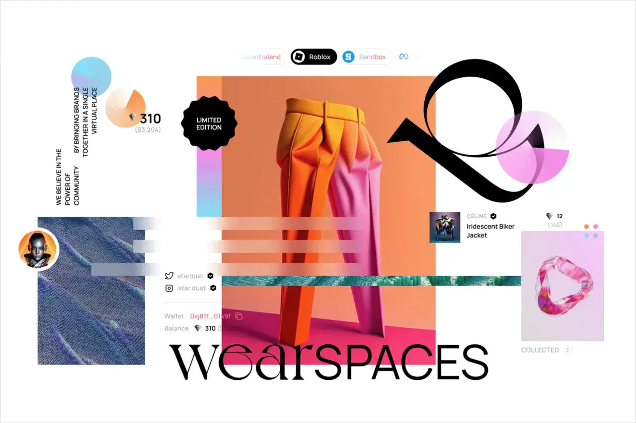 Dise&ntilde;o digital con pantalones degradados, &iacute;conos de plataformas metaverso y texto 