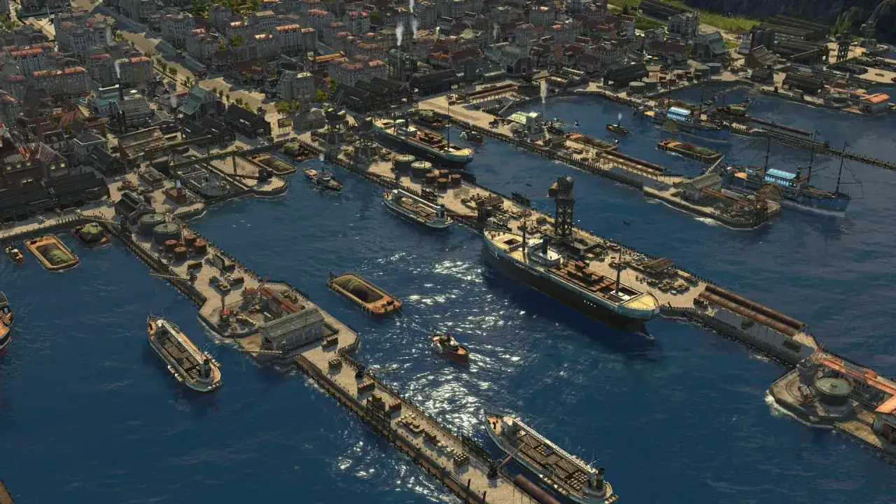Vista aerea di un porto con navi e edifici, che ricorda un'**anno 1800 recensione** di un videogioco di strategia.