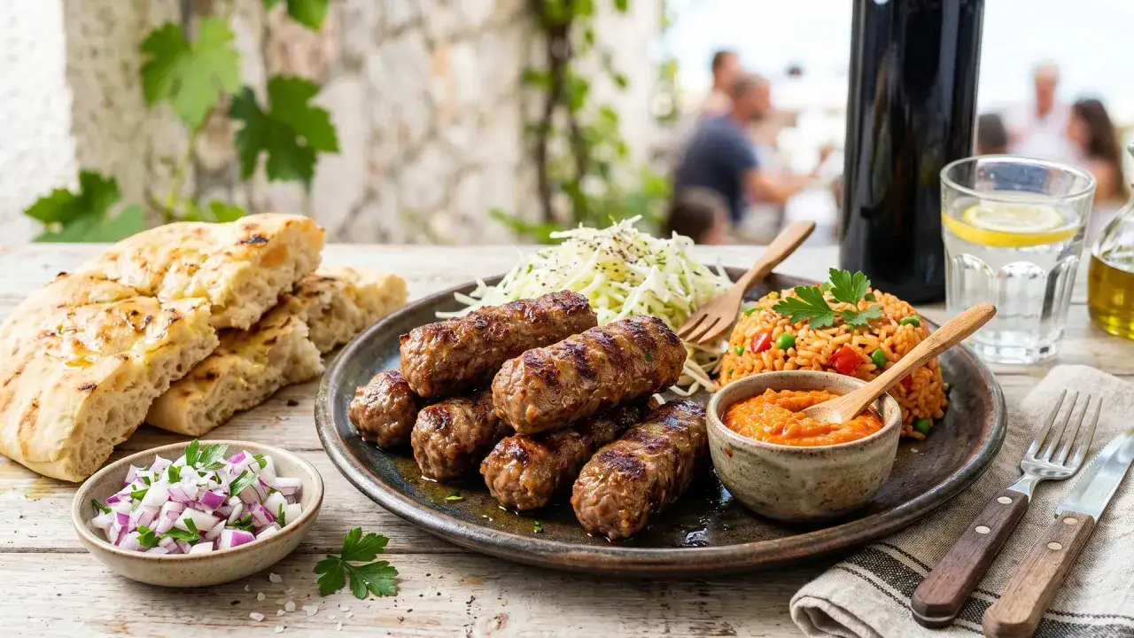 Herzhaft gegrillte Cevapcici mit Reis, Krautsalat und Fladenbrot. Ein perfektes Cevapcici Rezept f&uuml;r den Sommer.