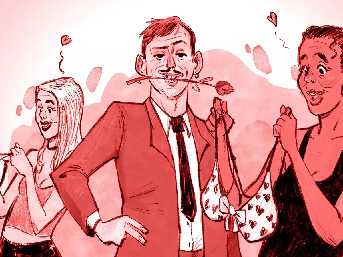 Een man met een roos in zijn mond en een beha in zijn hand, omringd door twee vrouwen. Dit roept vragen op over de monogaam betekenis van relaties.
