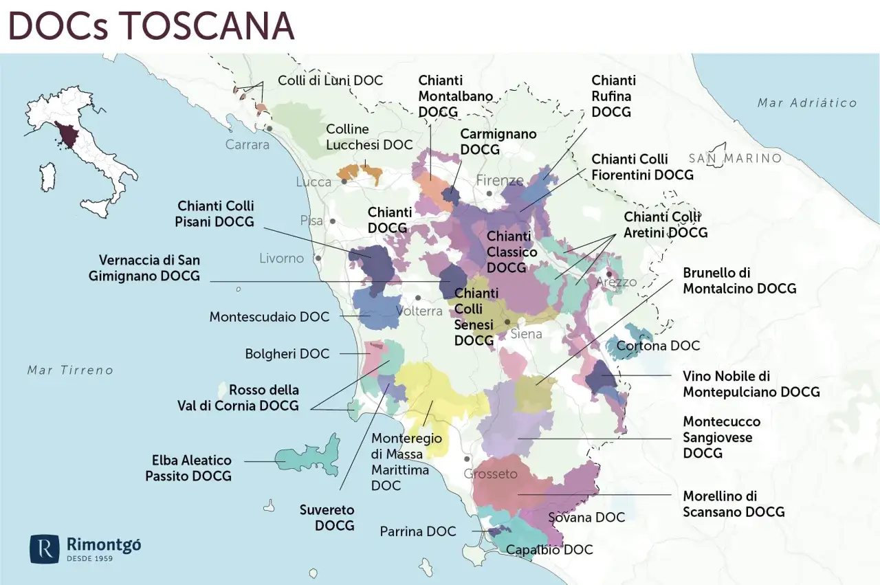 Mapa Toskanii z zaznaczonymi regionami winiarskimi. Wino toskania to bogactwo smaków i aromatów.
