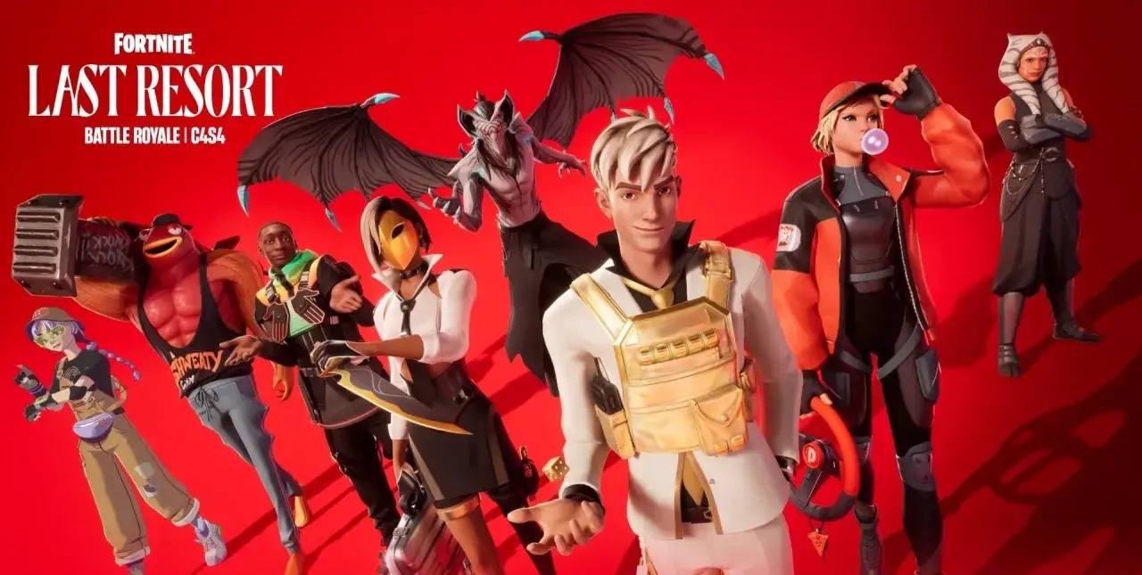 Postacie z gry Fortnite, w tym ryba-kulturysta i Ahsoka Tano, zapowiadają nowy sezon. Fortnite sezon 4: Last Resort.