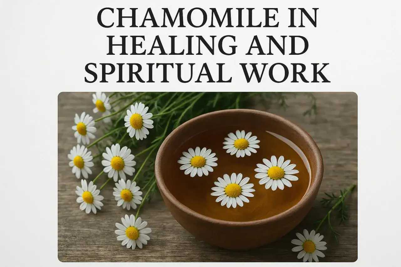 Chamomile flowers float in a wooden bowl of tea, symbolizing peace and healing. The chamomile spiritual meaning is often associated with calm and gentle energy.