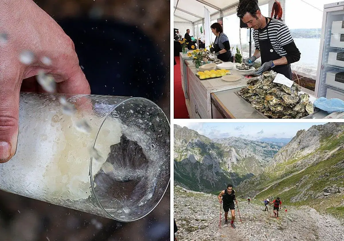 Escanciando sidra, sirviendo ostras y montañeros en Picos de Europa, un collage que evoca las fiestas de prao en Asturias.