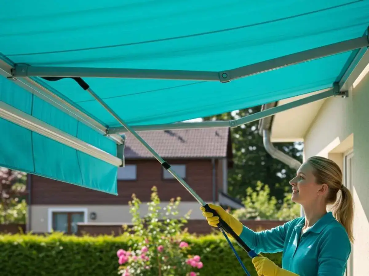 Frau mit gelben Handschuhen reinigt die t&uuml;rkise Markise mit einem Teleskopstiel.