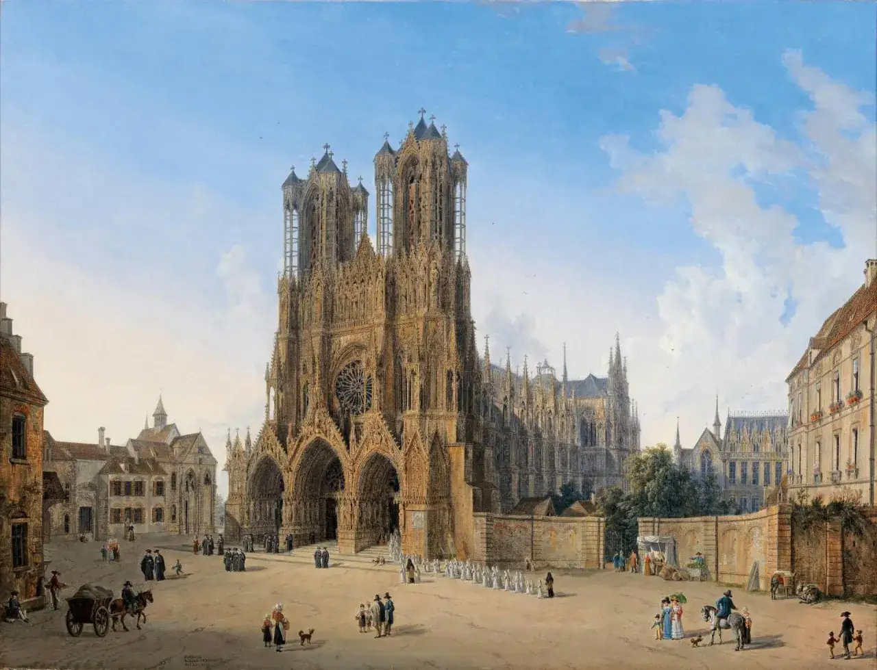 La cathédrale de Reims, majestueuse, invite à visiter Reims à pied. Une scène animée sur la place avec des passants, des charrettes et des cavaliers.