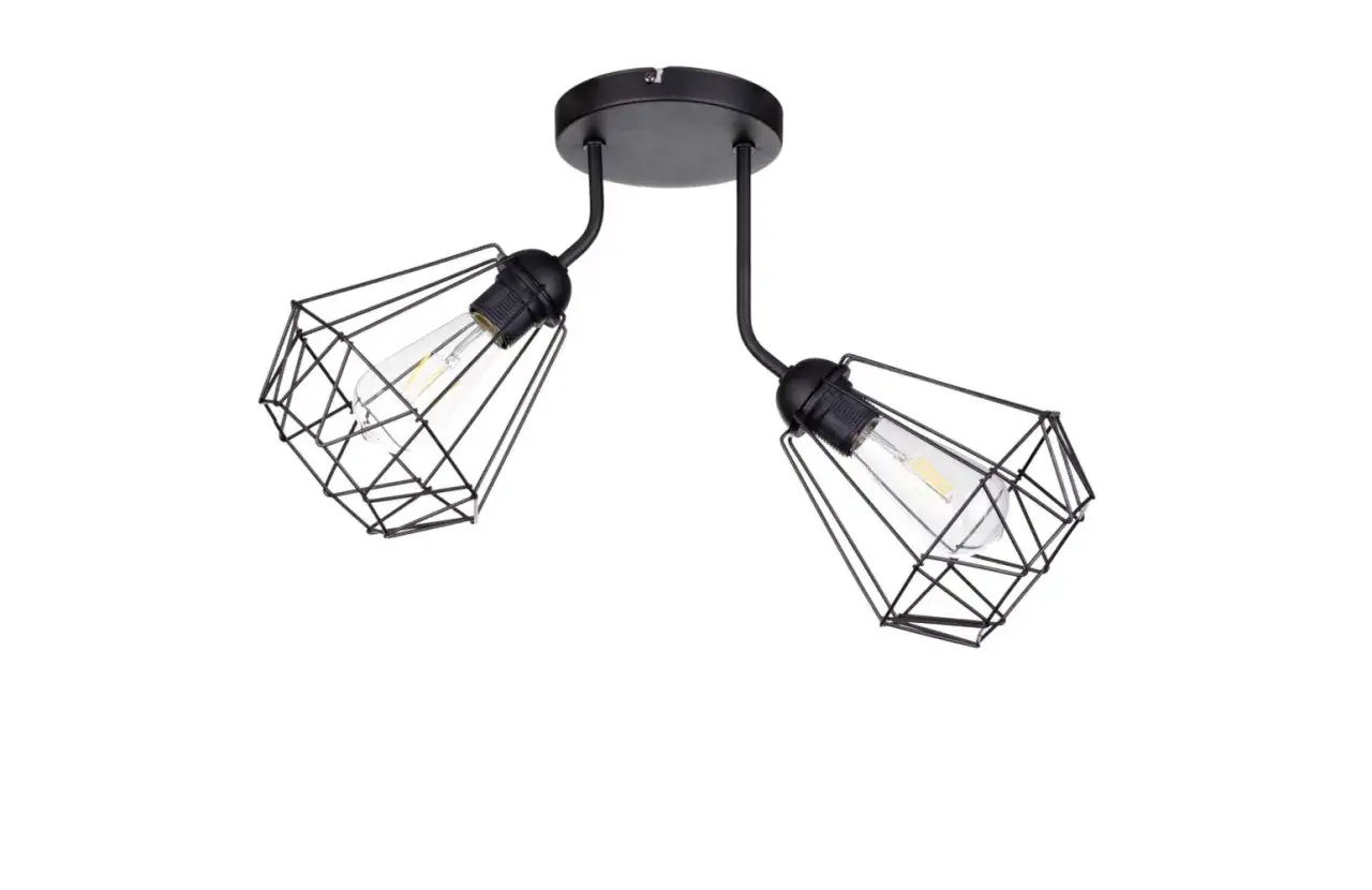 Czarna lampa wisząca diament z dwoma kloszami w kształcie klatki, idealna do loftowego wnętrza.