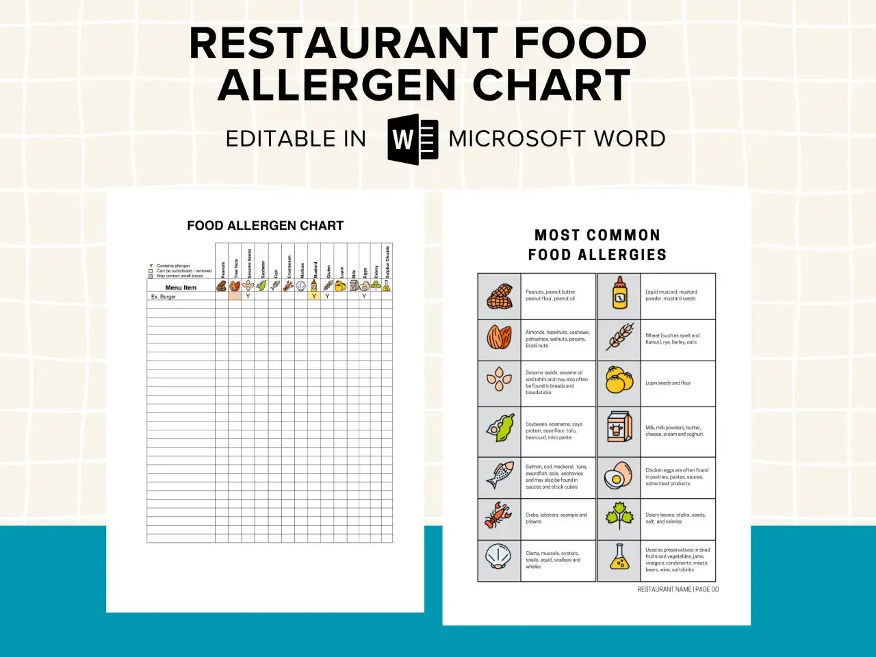 Plantilla al&eacute;rgenos para rellenar. Tabla editable para registrar al&eacute;rgenos en platos de restaurante, con lista de al&eacute;rgenos comunes e iconos.