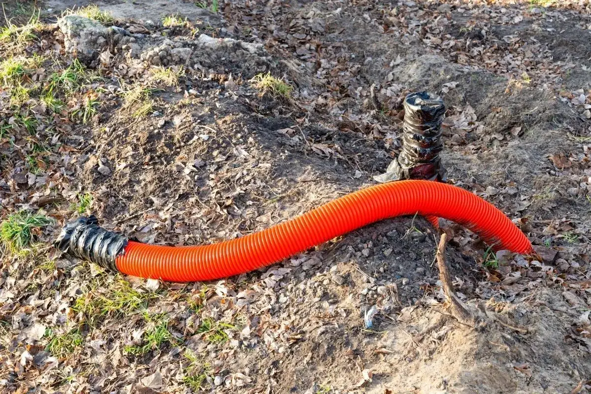 Un tuyau orange ondulé, prêt pour le passage de gaine pour portail coulissant, sort d'un manchon noir sur un sol couvert de feuilles mortes.
