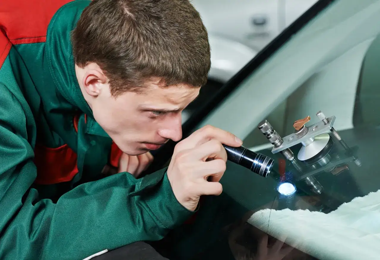 Ein Mechaniker untersucht mit einer Lampe einen Steinschlag an der Windschutzscheibe, um die Reparatur vorzubereiten.